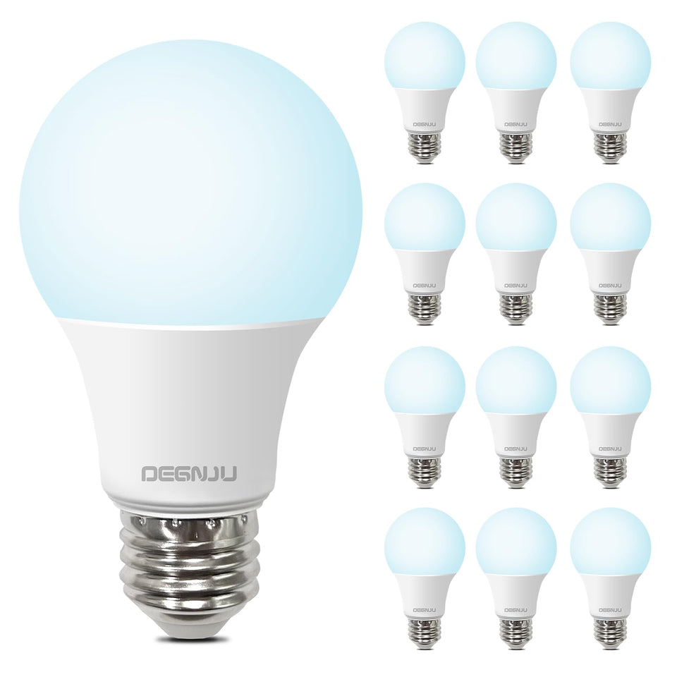 DEGNJU LED bulbs 12-pack packaging with daylight 5000K glow for energy efficiency.