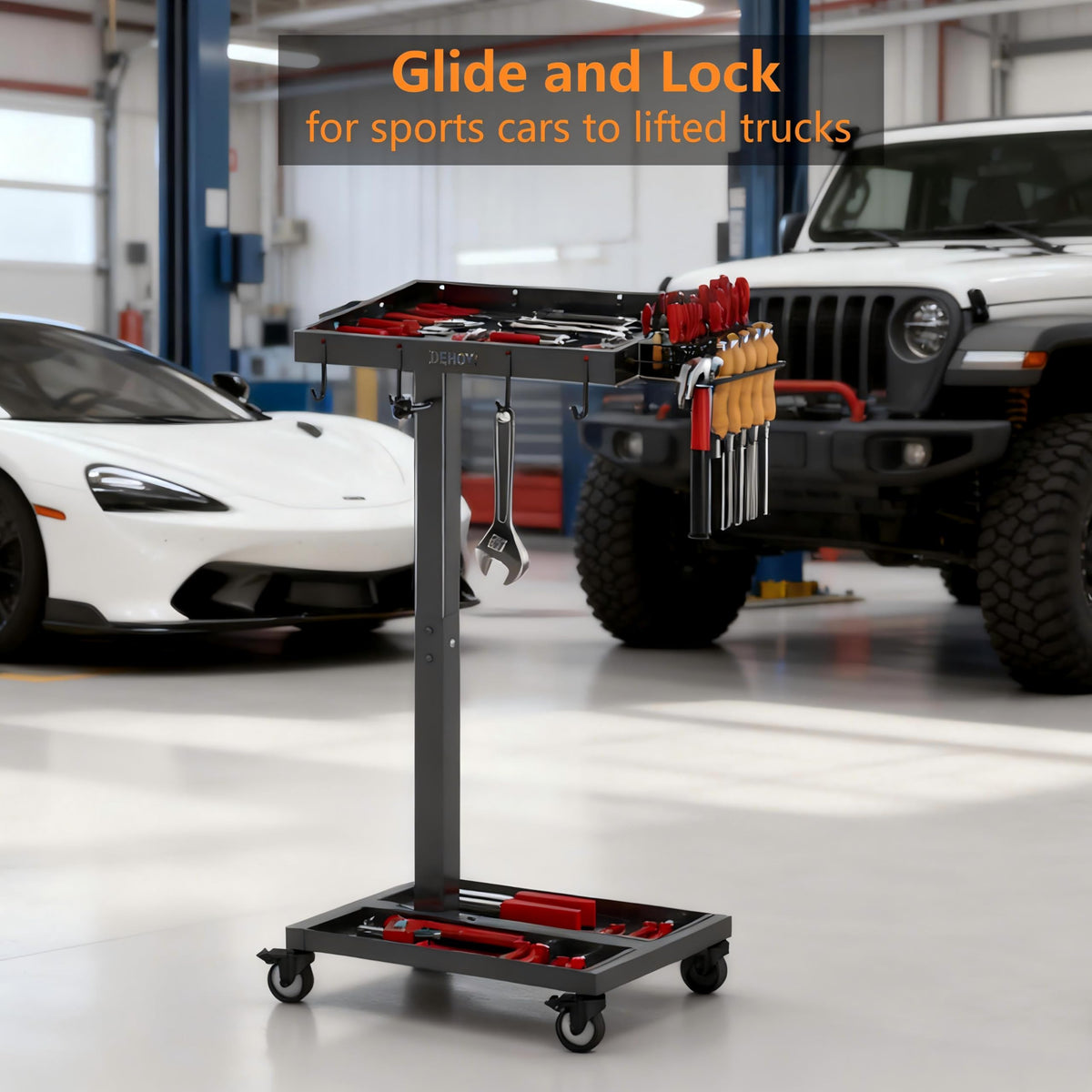 DEHOYI double tray design tool cart keeps tools within reach with removable tray and hooks.