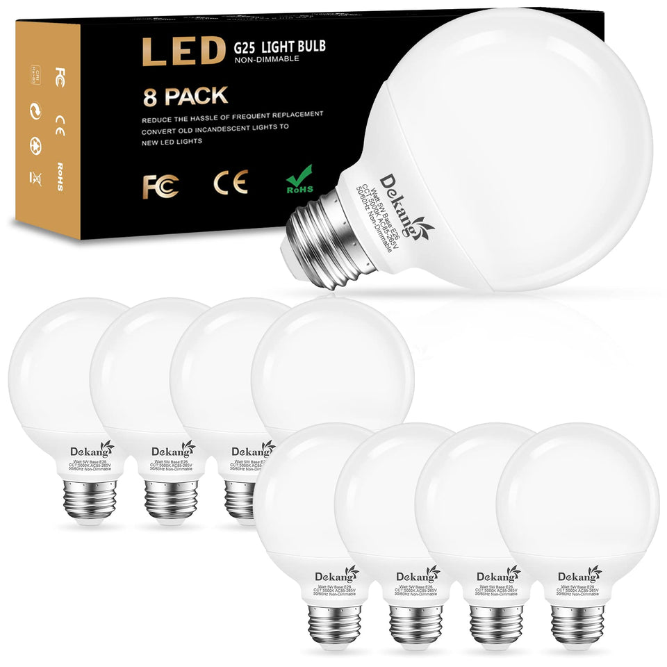 Dekang G25 globe light bulbs package front for bathroom vanity lighting.
