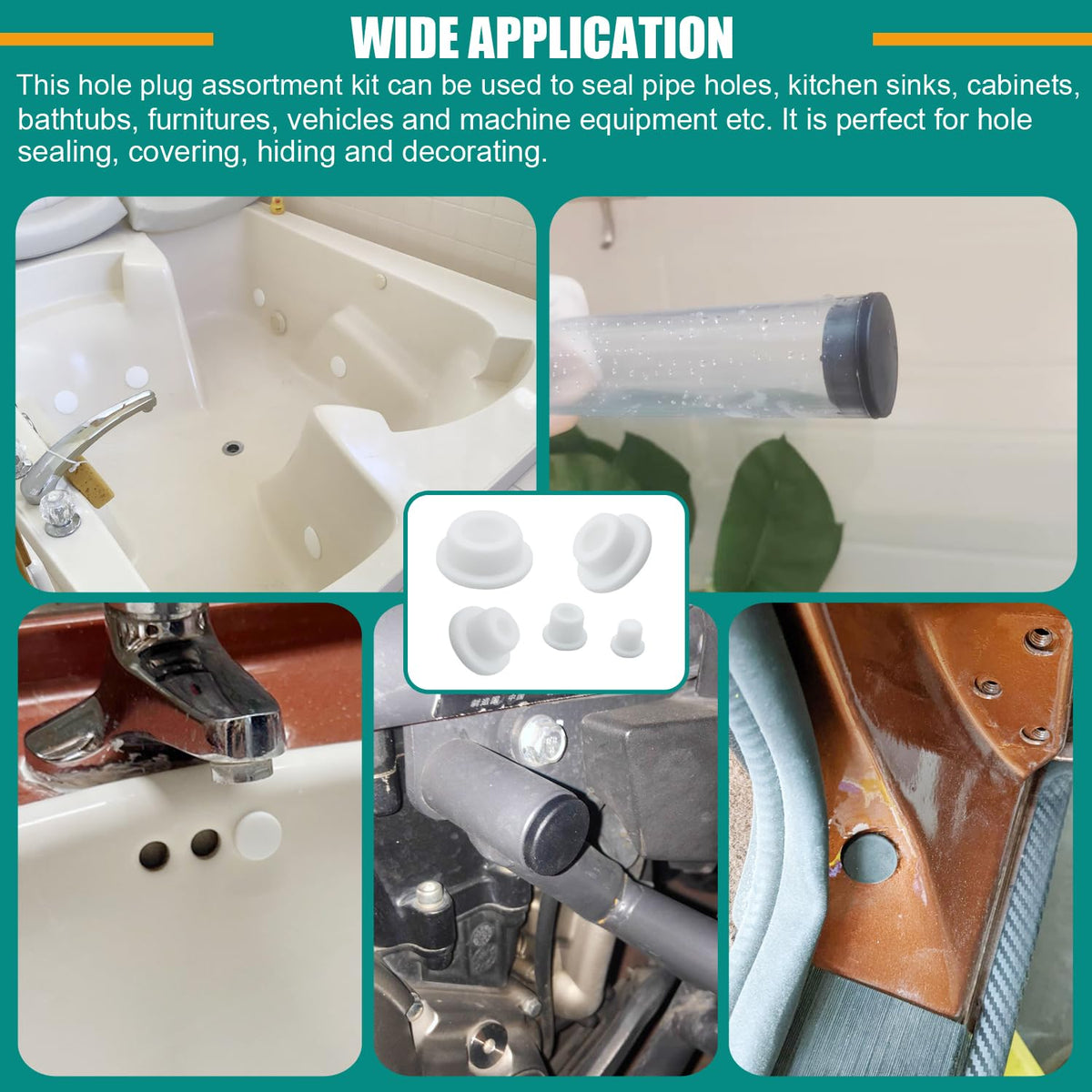 Dekiphox plugs shown in kitchen sink and bathtub for sealing and protection