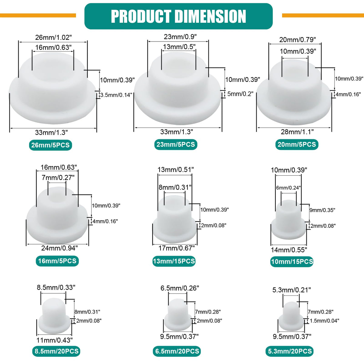 Dekiphox nine-size plug chart helps quick matching to various hole diameters