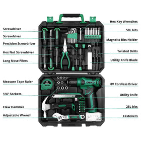 DEKOPRO 126-piece tool kit in green case for home repairs and assembly.