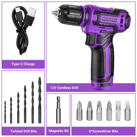 DEKOPRO 12V cordless drill in box with accessories for versatile tasks
