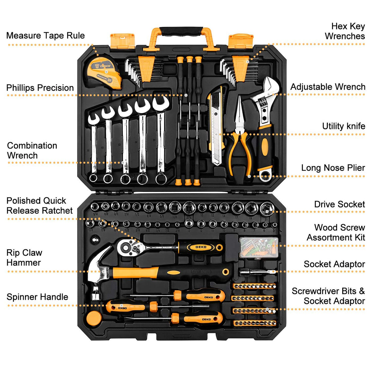 DEKOPRO 158-piece tool set in closed case, ready for storage.