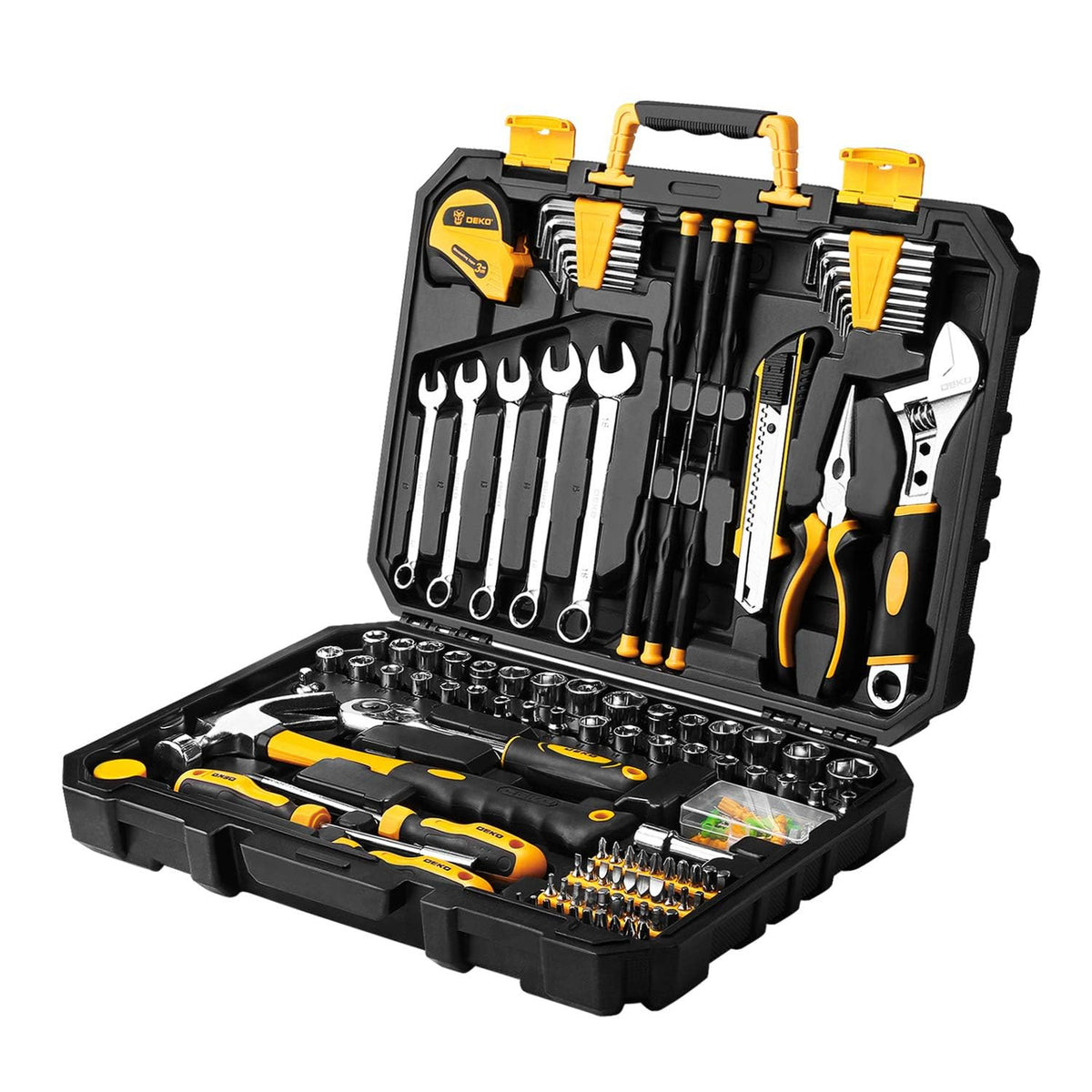 DEKOPRO 158-piece tool set in open case for easy access and transport.