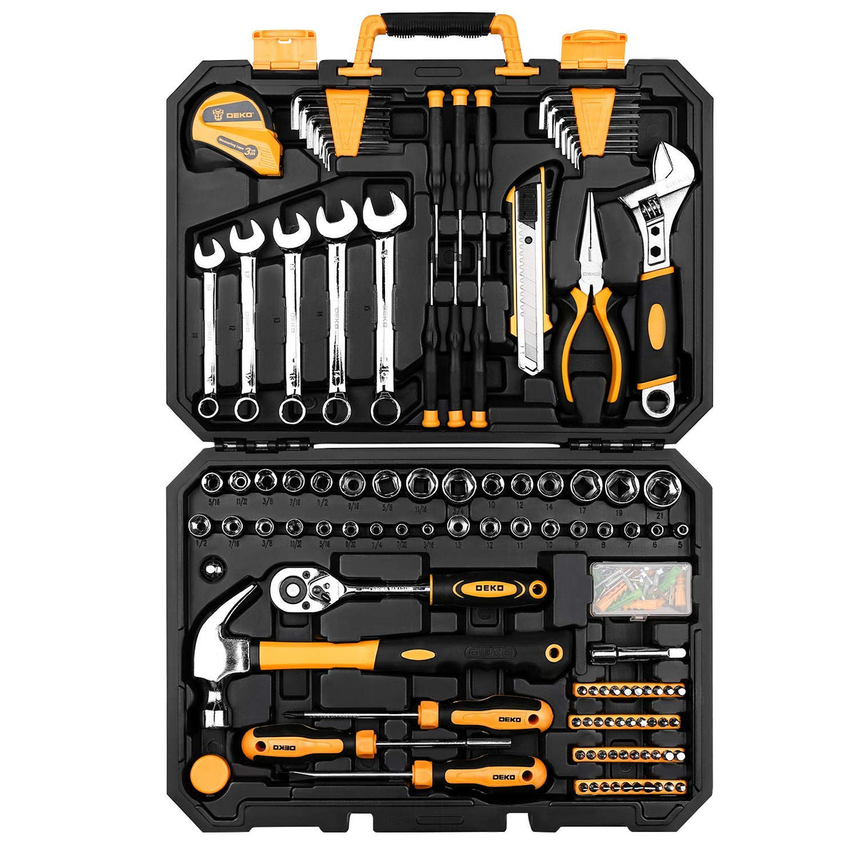 DEKOPRO 158-piece tool set compact case exterior with dirt-resistant design.