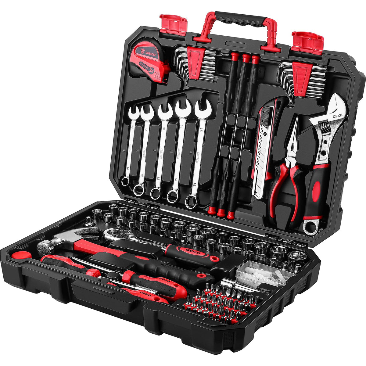 DEKOPRO 158-piece tool set in a portable storage case for home repairs.