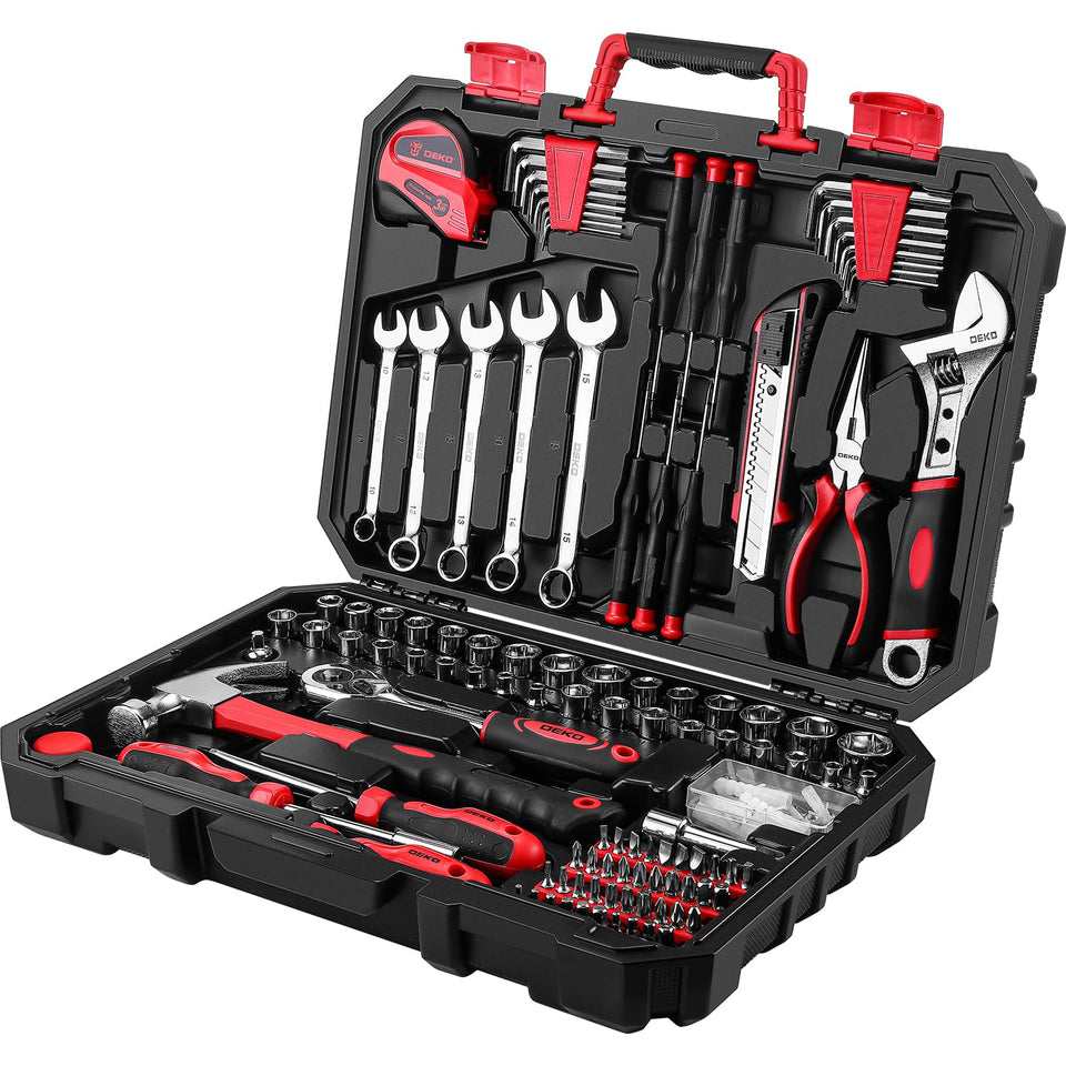 DEKOPRO 158-piece tool set in a portable storage case for home repairs.