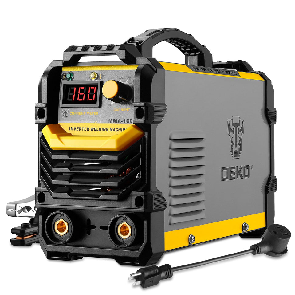 DEKOPRO 160A MMA welder front view showing compact, portable design for easy transport