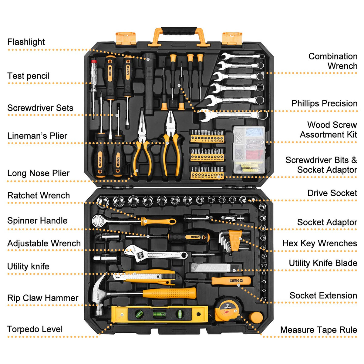 DEKOPRO 208-piece tool set case open showcasing included tools