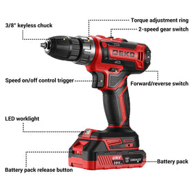 DEKOPRO 20V battery fits the drill for cordless, extended use.