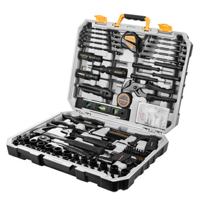 DEKOPRO 218-piece toolkit portable storage case for home repairs.
