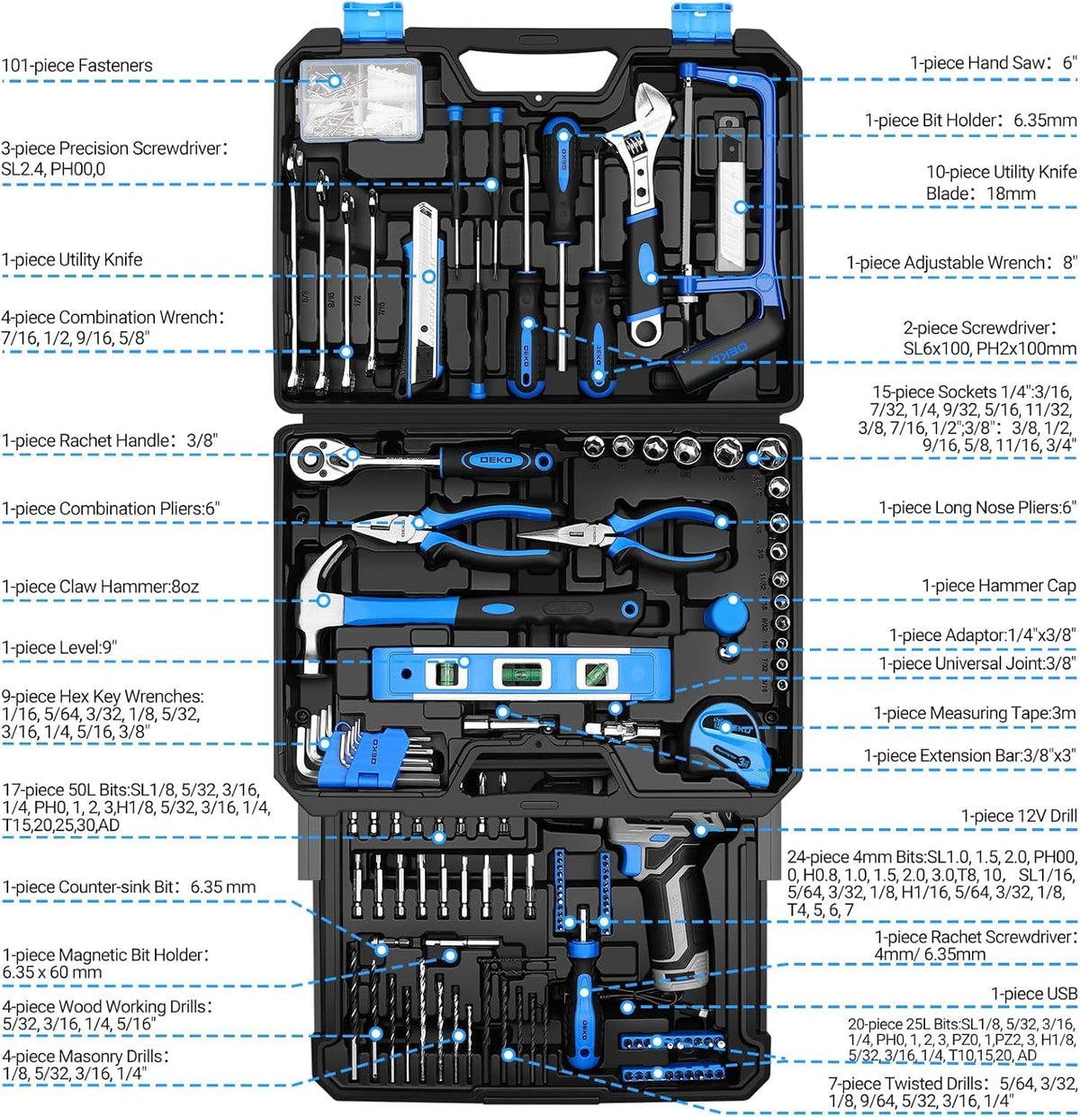 DEKOPRO 238-piece toolkit showcases comprehensive set for DIY projects and repairs.