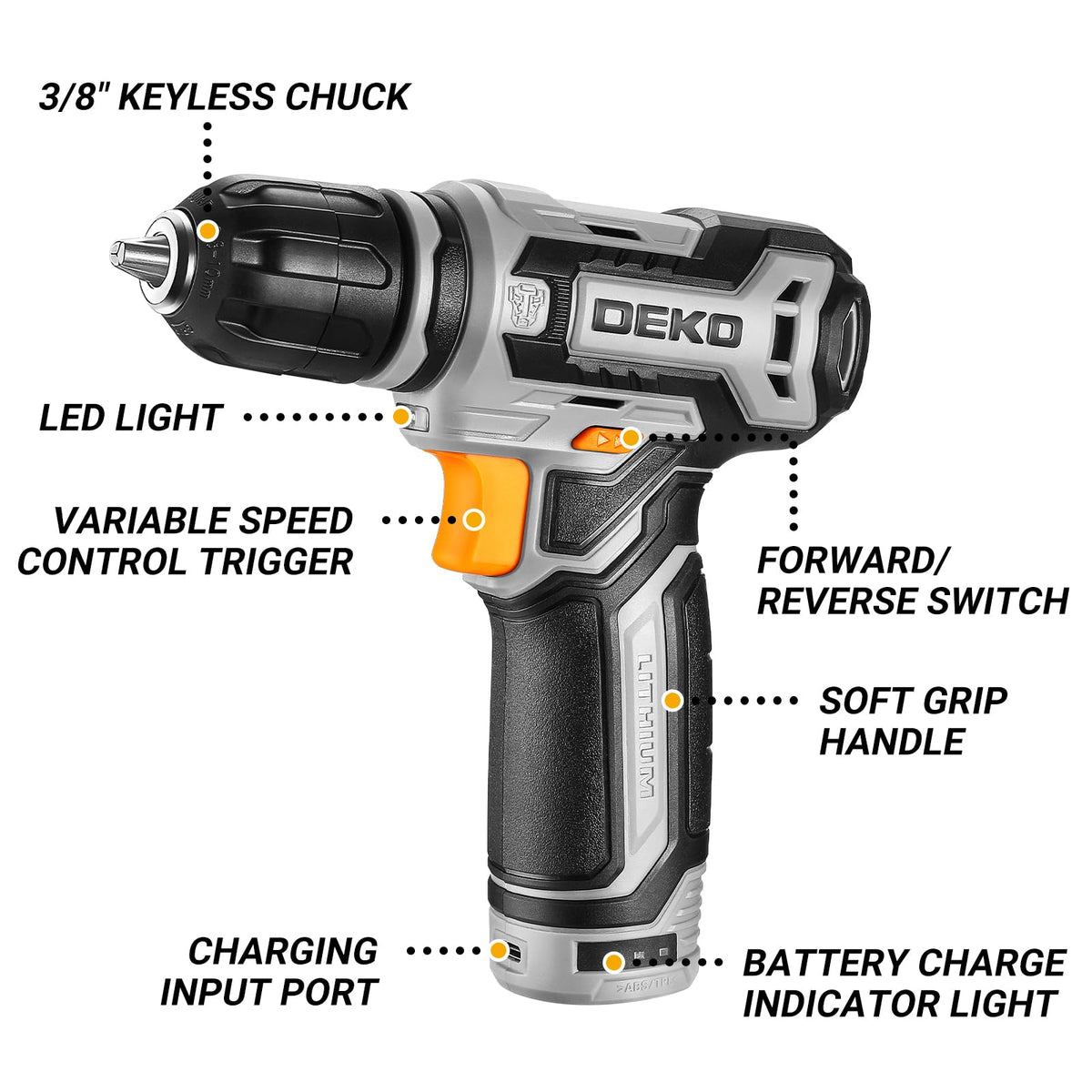 DEKOPRO drill with 3/8-inch keyless chuck for quick bit changes