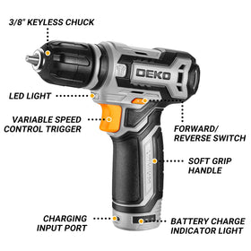 DEKOPRO drill with 3/8-inch keyless chuck for quick bit changes