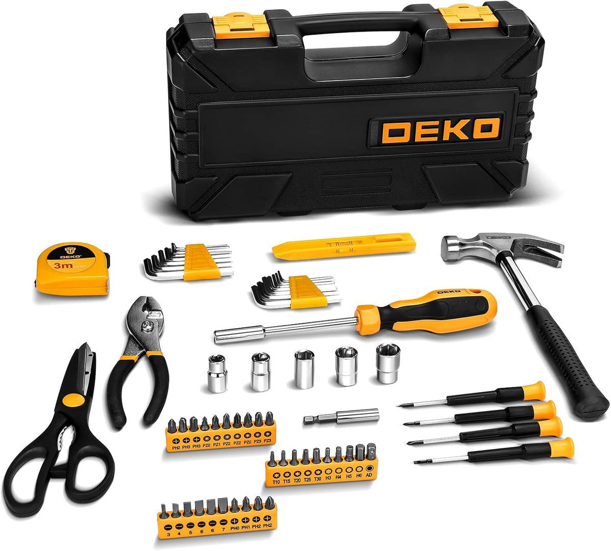 DEKOPRO 62-piece tool kit portable storage box keeps tools ready to go.