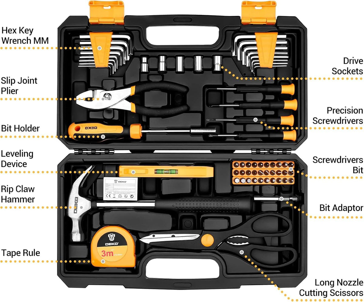 DEKOPRO 62-piece tool kit with screwdrivers and bits for quick home repairs.