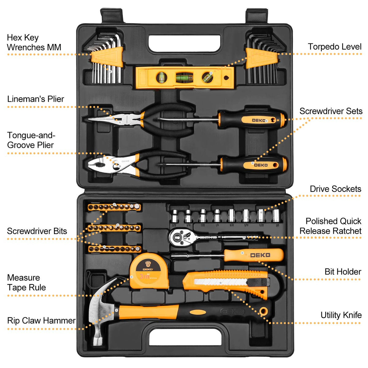 DEKOPRO case interior shows tools held securely for portable DIY projects
