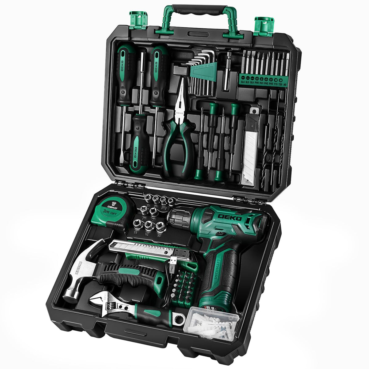DEKOPRO 8V cordless drill in green for light woodworking and DIY projects.