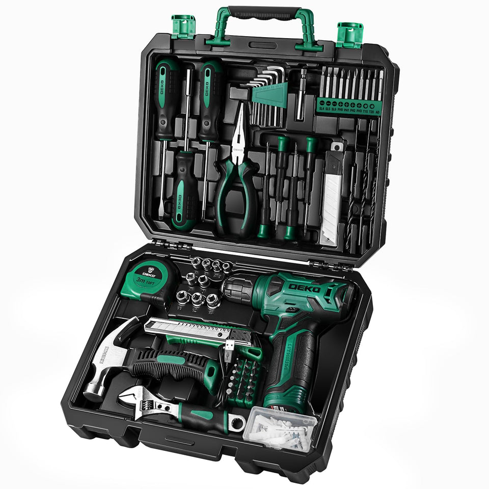 DEKOPRO 8V cordless drill in green for light woodworking and DIY projects.