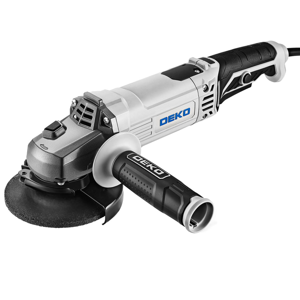 DEKOPRO angle grinder in use with cutting wheel for metal and wood versatility.