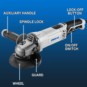 DEKOPRO angle grinder with 2-position side handle for better control.