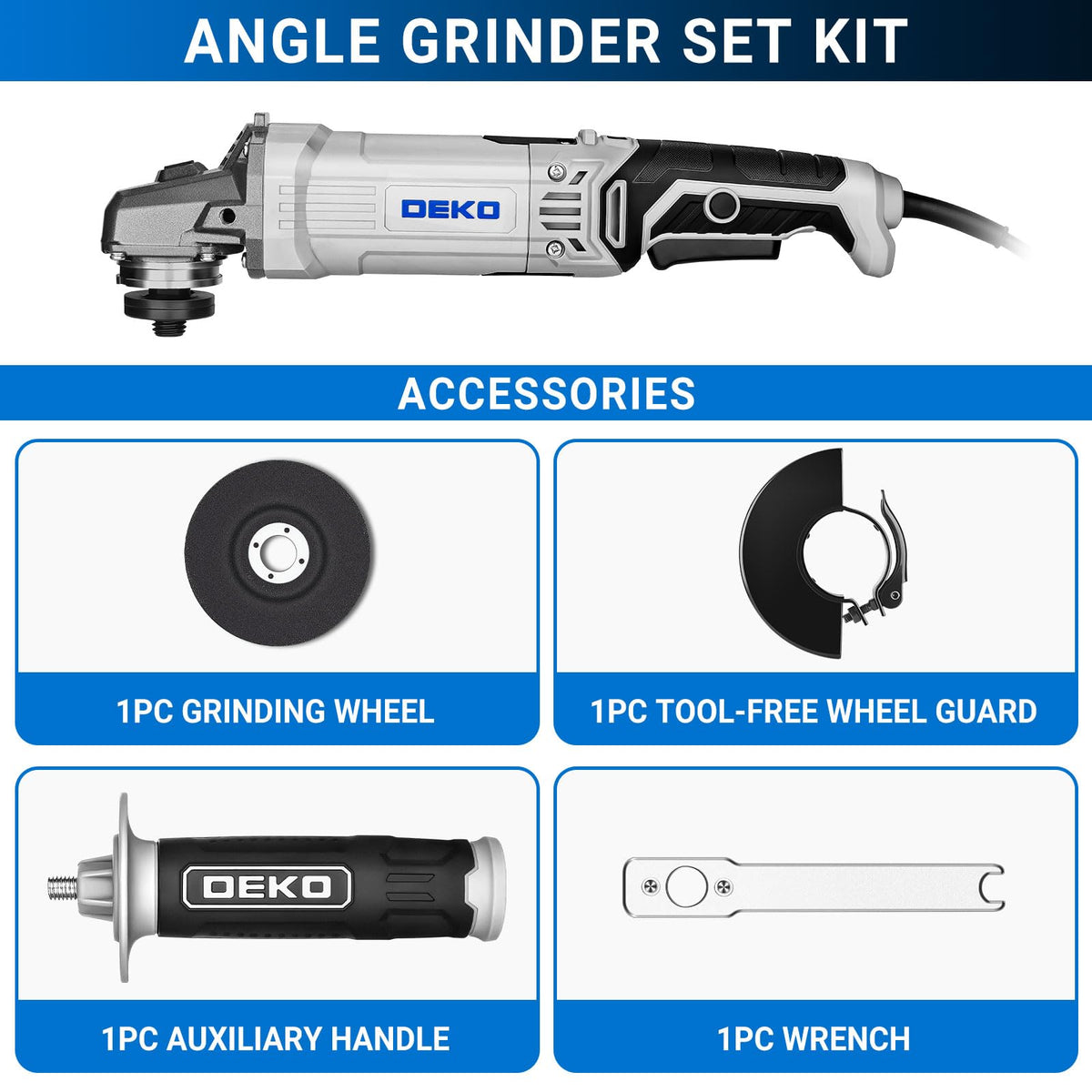 DEKOPRO angle grinder close-up on spindle lock for safe accessory changes.