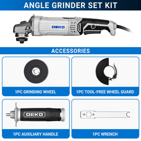 DEKOPRO angle grinder close-up on spindle lock for safe accessory changes.