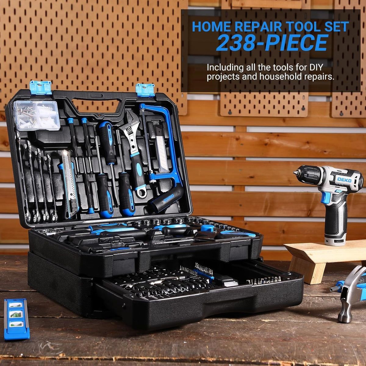 DEKOPRO blue drawer storage toolbox highlights organized tool storage for home repairs.