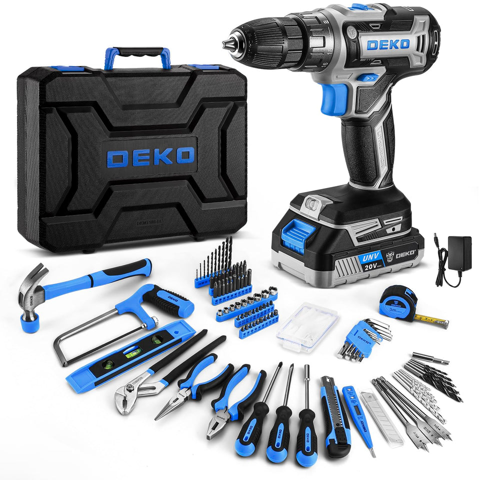 DEKOPRO blue drill tool kit with 20V battery for efficient DIY projects.
