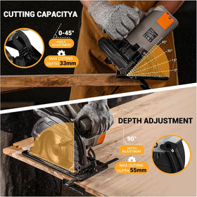 DEKOPRO circular saw blade close-up highlighting 165mm 24T blade for clean cuts.