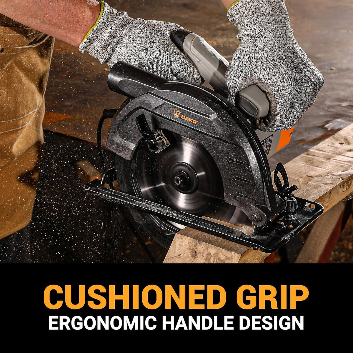 DEKOPRO circular saw depth-adjustment dial view emphasizes precise 55mm depth at 90°.