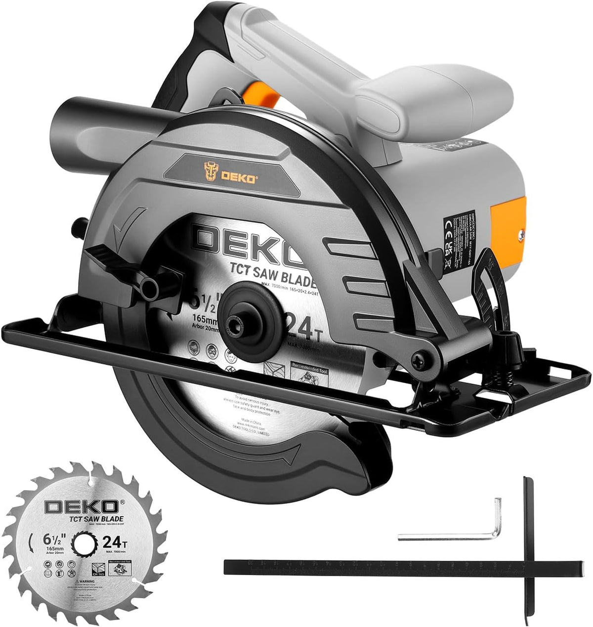 DEKOPRO circular saw front view showing powerful motor for smooth wood cuts.