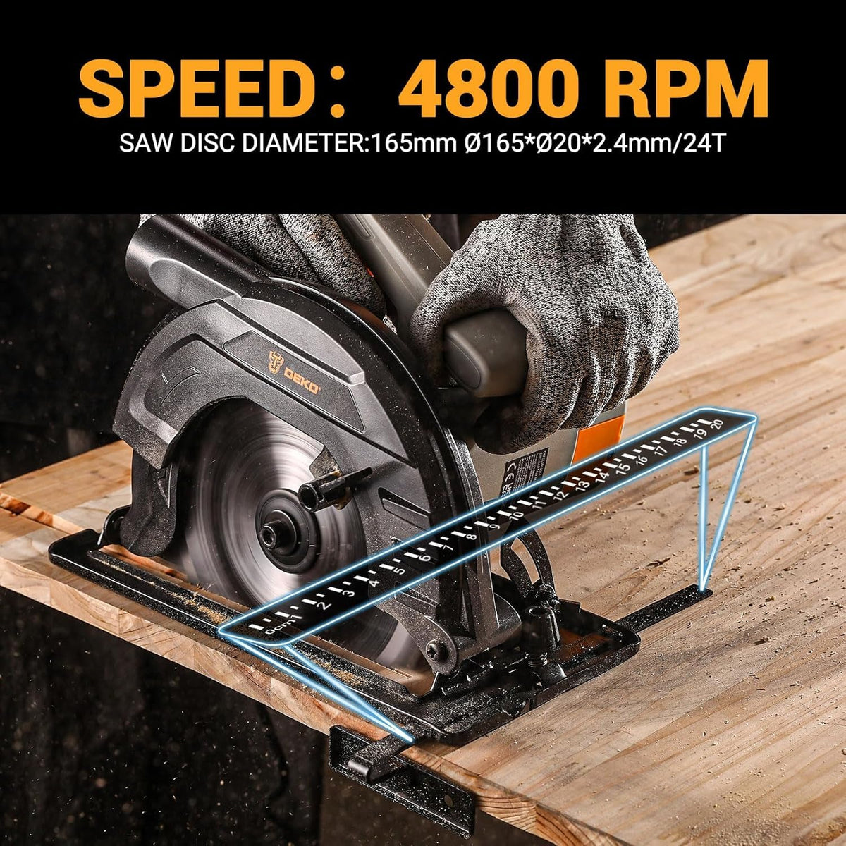 DEKOPRO circular saw steel base with guide rail for stable, splinter-free wood cuts.