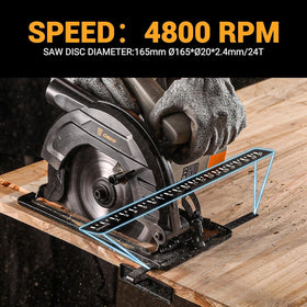 DEKOPRO circular saw steel base with guide rail for stable, splinter-free wood cuts.