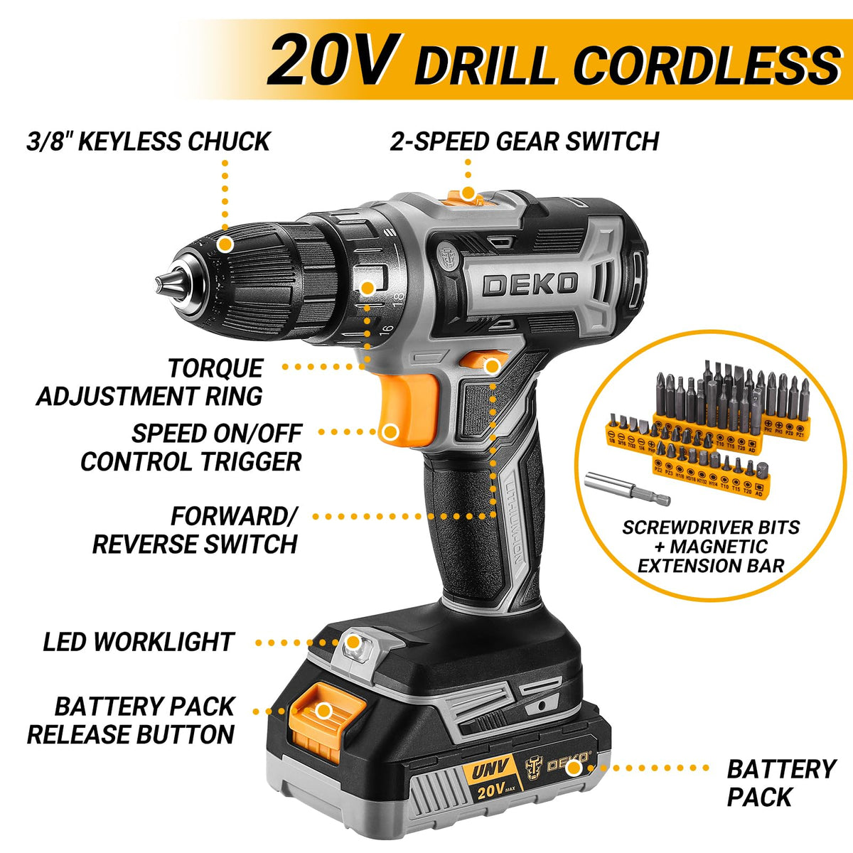 DEKOPRO cordless drill tool kit box neatly organized for portable storage on the go