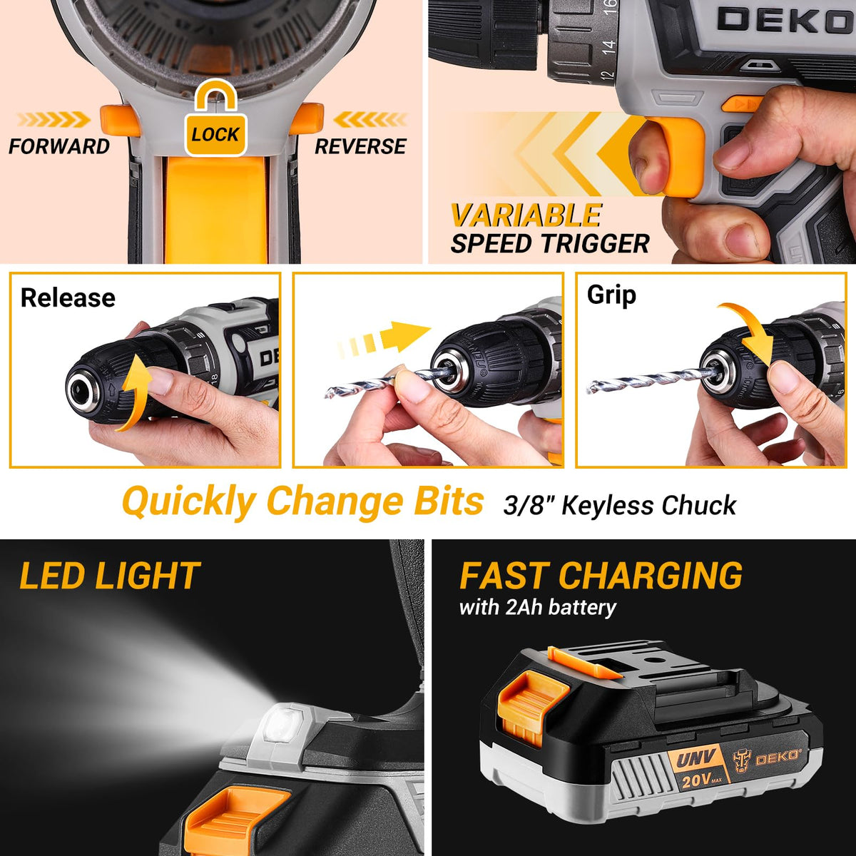 DEKOPRO cordless drill tool kit screwdriver set facilitates quick assembly and repairs