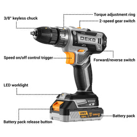 DEKOPRO 20V cordless drill featuring variable speed for precise control.