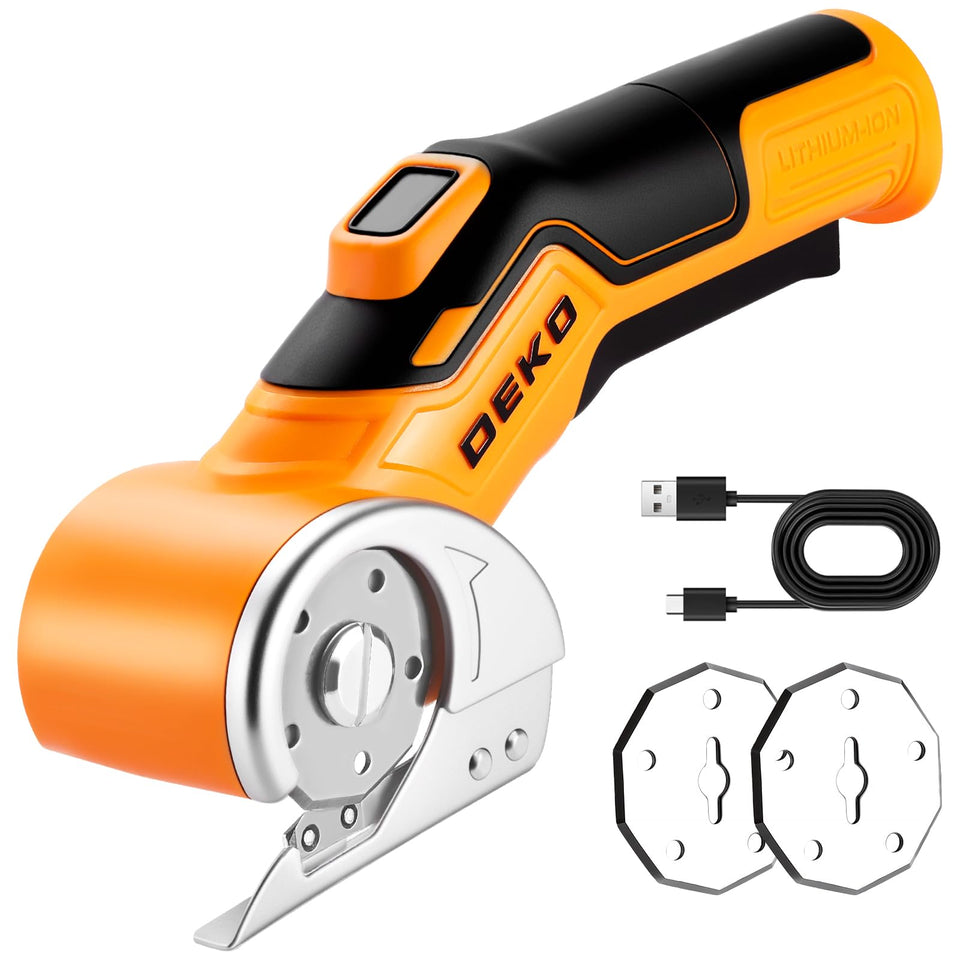 DEKOPRO cordless electric scissors in hand with ergonomic grip for precise cardboard cutting.
