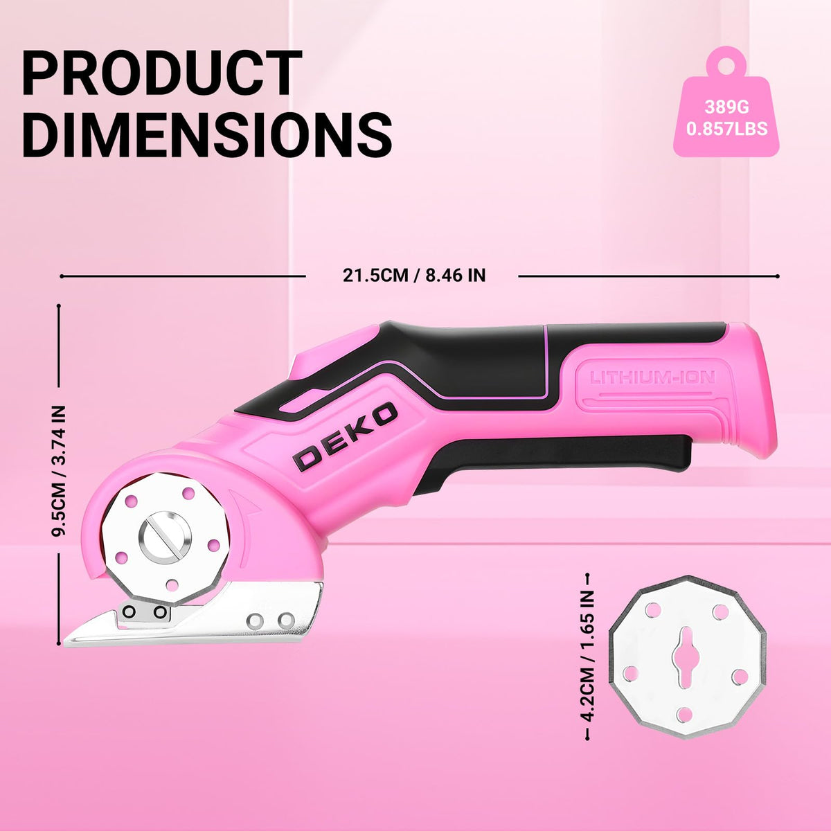DEKOPRO pink cordless scissors blade detail with two spare blades