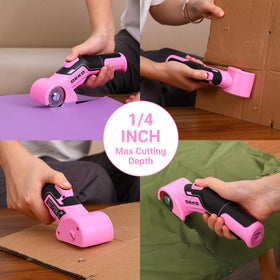 DEKOPRO pink cordless scissors cutting cardboard and fabric samples