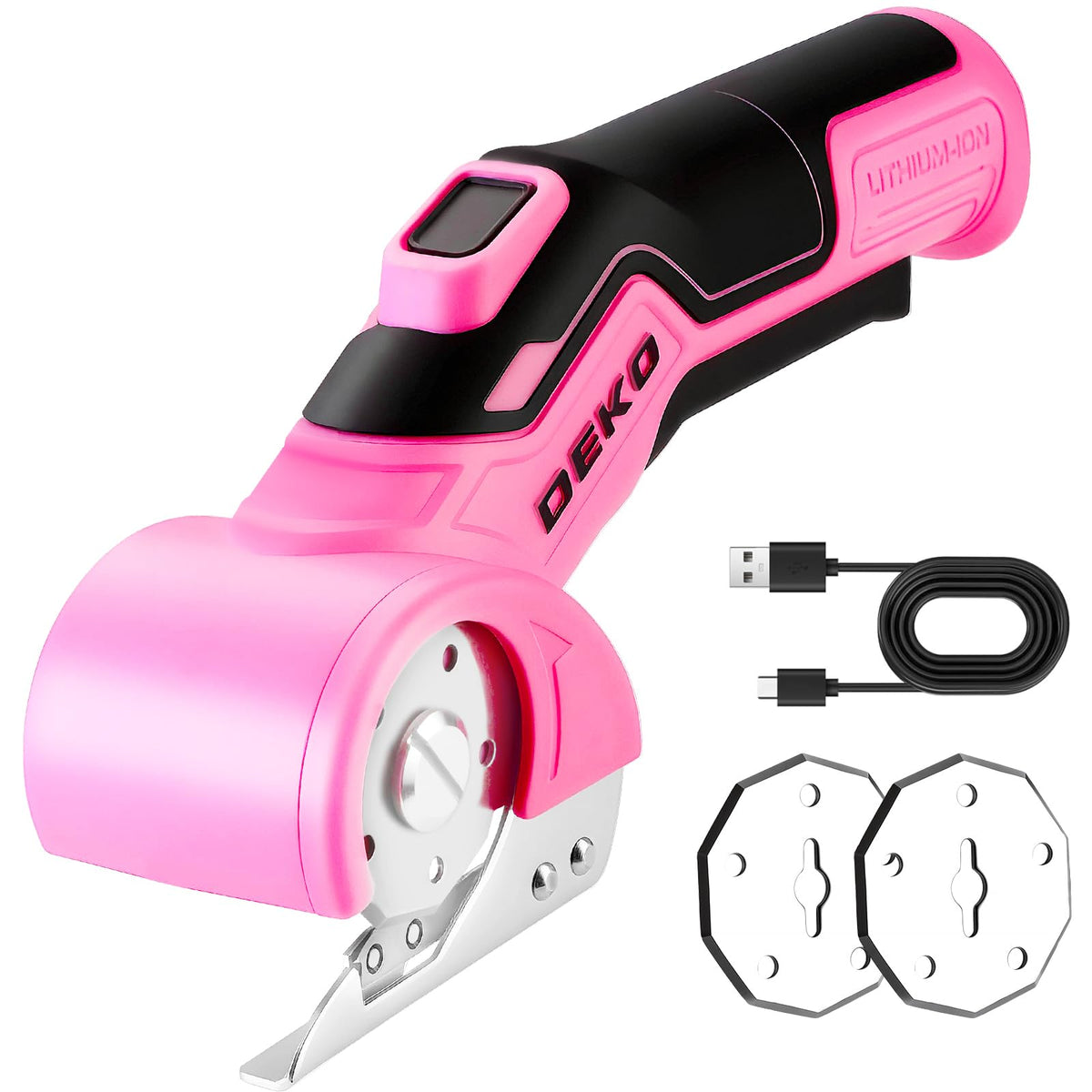 DEKOPRO pink cordless scissors front view with ergonomic grip for comfortable cutting