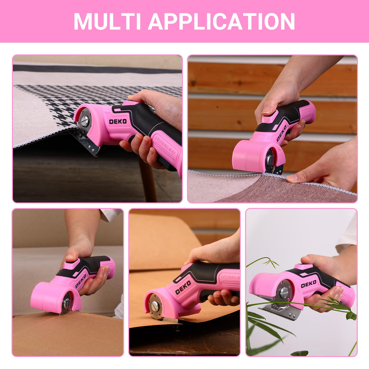 DEKOPRO pink cordless scissors side view highlighting safety lock for secure operation