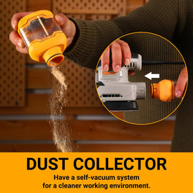DEKOPRO detail sander in use on wood reveals smooth edges and controlled dust near corners.