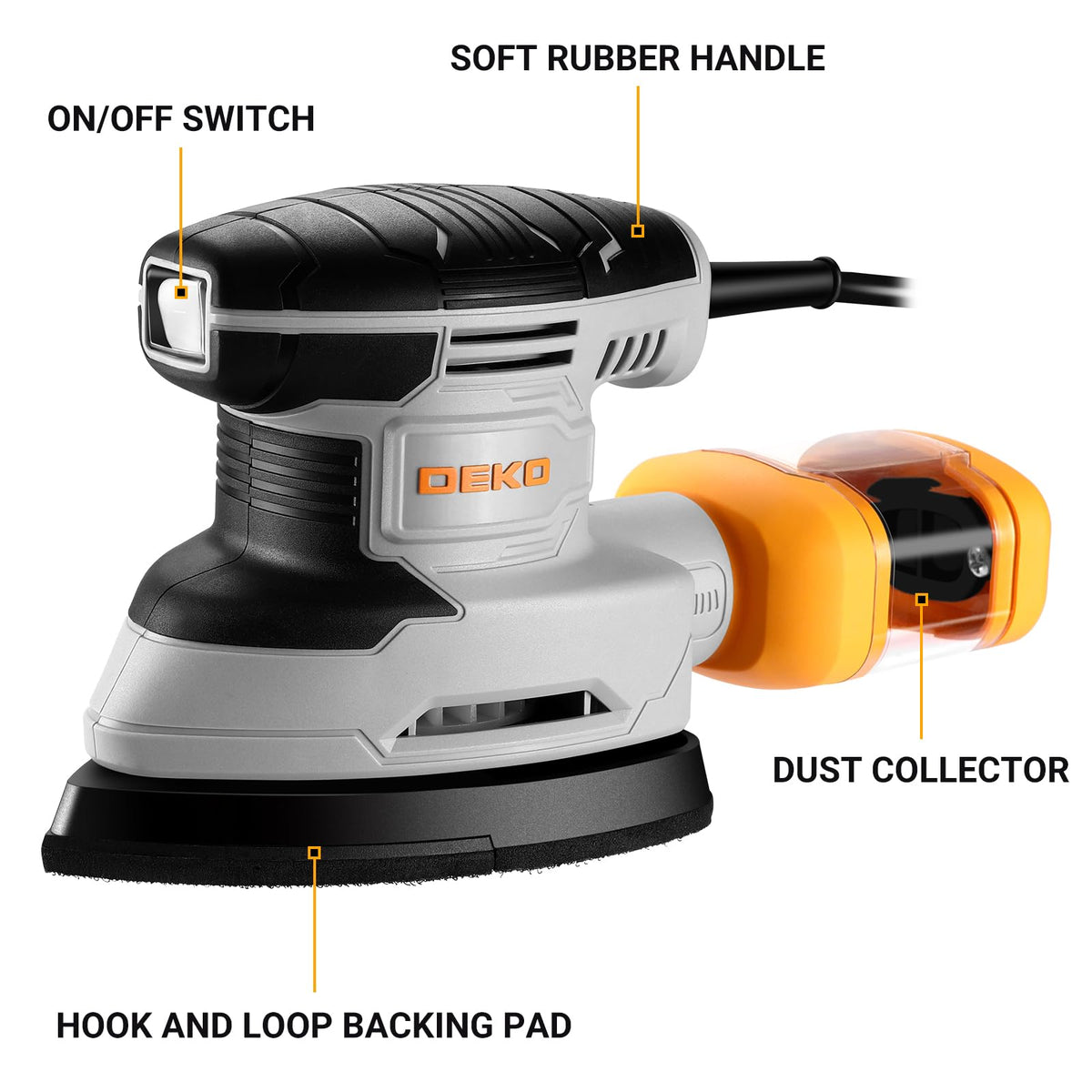 DEKOPRO detail sander top view highlighting easy grip and reduced fatigue.