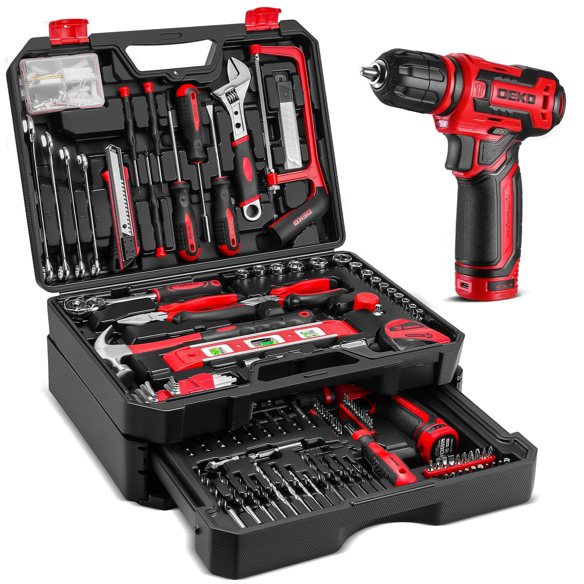 DEKOPRO 12V cordless drill in red toolbox, ready for home repairs