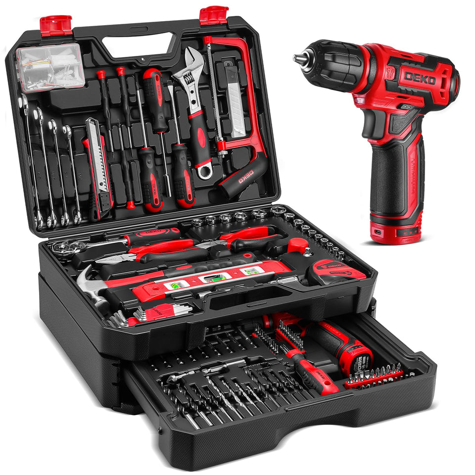 DEKOPRO 12V cordless drill in red toolbox, ready for home repairs