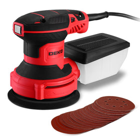 DEKOPRO electric sander with 16 sanding discs for quick prep and smooth wood finishes.