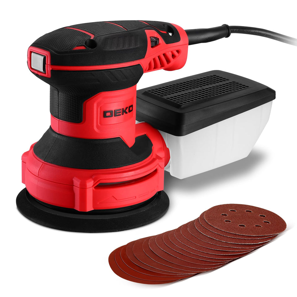 DEKOPRO electric sander with 16 sanding discs for quick prep and smooth wood finishes.