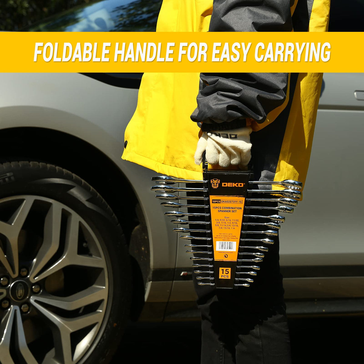 DEKOPRO folding tray keeps wrenches secure during transport